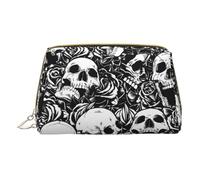 Sacs à maquillage en cuir avec imprimé thé de l'après-midi, petite trousse de maquillage pour sac à main, pochette cosmétique, pochette de toilette pour femme, Tête de mort florale noire, One Size