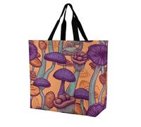 Sacs à provisions pliables et réutilisables avec plumes dorées - Grand sac à bandoulière pour le travail et les voyages, Champignons d'art hippie, 40x40x16cm