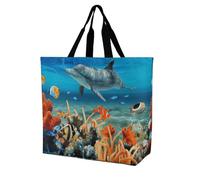 Sacs à provisions pliables et réutilisables - Grand sac à bandoulière pour le travail et les voyages, Bleu dauphins, 40x40x16cm