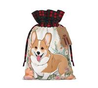 Sacs cadeaux à cordon imprimé fleurs Corgi, pour Noël, anniversaires et autres fêtes (taille moyenne).