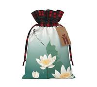 Sacs cadeaux avec cordon de serrage (libellule avec nénuphar) avec étiquette à carreaux pour les vacances, Noël, fournitures de fête M