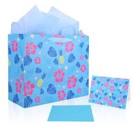 Sacs Cadeaux Bleus et Roses sur Thème du Dessin Animé, Sacs Cadeaux Hawaïens avec Enveloppe en Papier Soie et Carte de Vœux pour Anniversaire Baby Shower Décorations Fête sur Plage