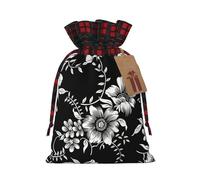 Sacs cadeaux de fête de Noël noirs avec imprimé floral en lin avec cordon de serrage pour Noël, vacances, mariage, friandises, bonbons, bijoux, sacs à bijoux, tissu à carreaux