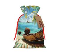 Sacs cadeaux de Noël avec cordon de serrage imprimé bateau bord de mer feuilles de noix de coco sacs cadeaux de Noël, sacs à bonbons, pour décorations de fête de vacances, fournitures de fête de