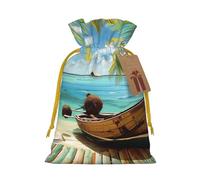 Sacs cadeaux de Noël avec cordon de serrage imprimé bateau bord de mer feuilles de noix de coco sacs cadeaux de Noël, sacs à bonbons, pour décorations de fête de vacances, fournitures de fête de