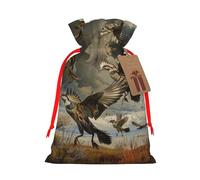 Sacs cadeaux de Noël avec cordon de serrage imprimé chasse volant sauvage - sacs d'emballage de Noël, sacs à bonbons, pour décorations de fête de vacances, fournitures de fête de mariage M ruban rouge