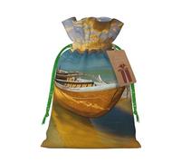 Sacs cadeaux de Noël avec cordon de serrage imprimé nautique sur la plage du lever du soleil - Sacs cadeaux de Noël, sacs à bonbons, pour décorations de fête de vacances, fournitures de fête de