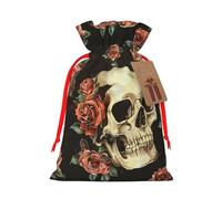 Sacs cadeaux de Noël avec cordon de serrage imprimé tête de mort rose - sacs d'emballage de Noël, sacs à bonbons, pour décorations de fête de vacances, fournitures de fête de mariage M ruban rouge