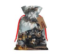 Sacs cadeaux de Noël avec cordon de serrage imprimé train à vapeur - Sacs d'emballage de Noël, sacs à bonbons, pour décorations de fête de vacances, fournitures de fête de mariage M ruban rouge