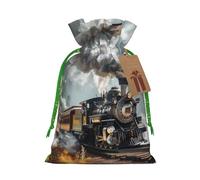 Sacs cadeaux de Noël avec cordon de serrage imprimé train à vapeur - Sacs d'emballage de Noël, sacs à bonbons, pour décorations de fête de vacances, fournitures de fête de mariage M ruban de Noël vert