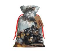 Sacs cadeaux de Noël avec cordon de serrage imprimé train à vapeur - Sacs d'emballage de Noël, sacs à bonbons, pour décorations de fête de vacances, fournitures de fête de mariage M ruban de Noël