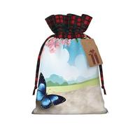 Sacs cadeaux de Noël en lin avec cordon de serrage Motif zen et papillons réutilisables avec étiquettes pour cadeaux de Noël