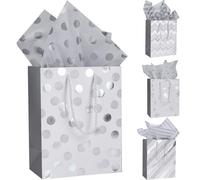 Sacs cadeaux de Noël en papier, format moyen : 4 sacs cadeaux argentés avec papier de soie et étiquettes inclus pour emballage cadeau anniversaire, mariage, Saint-Valentin - 23 x 18 x 10 cm