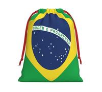 Sacs cadeaux de Noël en peluche avec cordon de serrage et ruban rouge - Grande taille - Motif drapeau du Brésil