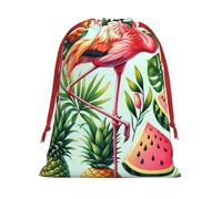 Sacs cadeaux de Noël en peluche avec cordon de serrage, motif flamant rose, feuilles de palmier, ananas, grande taille, sacs à friandises en velours doux avec fermeture à ruban rouge pour cadeaux de