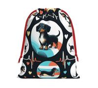 Sacs cadeaux de Noël en peluche avec cordon de serrage Motif teckel et battements de cœur Grande taille Sacs à friandises en velours doux avec fermeture à ruban rouge pour cadeaux de fête et emballage