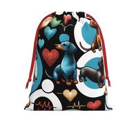 Sacs cadeaux de Noël en peluche avec cordon de serrage Motif teckels et battements de cœur Grande taille Sacs à friandises en velours doux avec fermeture à ruban rouge pour cadeaux de fête et