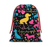 Sacs cadeaux de Noël en peluche colorée avec cordon de serrage Motif teckel et battements de cœur Grande taille Sacs à friandises en velours doux avec fermeture à ruban rouge pour cadeaux de fête et