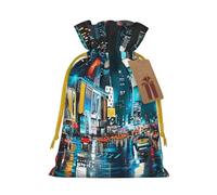 Sacs cadeaux de Noël imprimés avec cordon de serrage de peinture de New York - Sacs d'emballage de Noël, sacs à bonbons, pour décorations de fête de vacances, fournitures de fête de mariage S ruban de