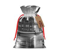 Sacs cadeaux de Noël imprimés Londres avec cordon de serrage - Sacs d'emballage de Noël, sacs à bonbons, pour décorations de fête de vacances, fournitures de fête de mariage S ruban rouge
