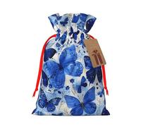 Sacs cadeaux de Noël imprimés papillons bleus avec cordon de serrage - Sacs d'emballage de Noël, sacs à bonbons, pour décorations de fête de vacances, fournitures de fête de mariage S ruban rouge