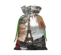 Sacs cadeaux de Noël imprimés Paris avec cordon de serrage - Sacs d'emballage de Noël, sacs à bonbons, pour décorations de fête de vacances, fournitures de fête de mariage S ruban de Noël vert