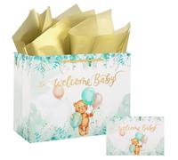 Sacs cadeaux de taille moyenne en papier pour fête prénatale, sacs cadeaux réutilisables avec papier de soie et carte de vœux pour fête prénatale garçon et fille - 30 x 12 x 22 cm