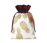 Sacs cadeaux imprimés avec cordon de serrage sur fond d'ananas doré - Sacs de fête de Noël - Pochettes festives pour friandises, friandises