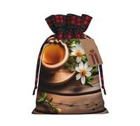 Sacs cadeaux imprimés fleurs sarcelle sur planche de bois avec cordon de serrage - Sacs de vacances pour fêtes de Noël - Pochettes festives pour friandises, friandises