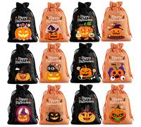 Sacs Cadeaux Toile de Jute pour Halloween,Sac en Toile de Jute avec Cordon de Serrage,Motifs FantôMes et Citrouilles pour Bonbons,Nourriture,Jouets et Cadeau,Orange+Noir,12 Pièces