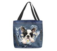 Sacs De Courses Black And White Bostons Terrier And Flower Torn Jean Pattern Sacs Tote Bag Décontracté Sac Shopping Reutilisable Handbag Pour Plage Voyage Achats