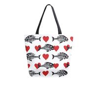 Sacs De Courses Fish Bones Red Love Hearts Heart Sac À Provisions Cabas Grande Capacité Tote Bag Décontracté Handbag Pour Vacances Extérieur Gym