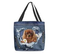Sacs De Courses Tan Cavalier King Charles Spaniel And Flower Torn Jean Pattern Sacs Tote Bag Décontracté Sac Shopping Légers Sac À Provisions Cabas Pour Extérieur Achats Gym