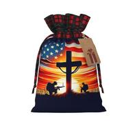 Sacs de Noël à cordon avec étiquette, format moyen, pour ranger vos cadeaux de Noël, motif croix commémorative avec drapeau américain et coucher de soleil sur le thème des soldats.