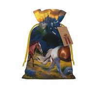 Sacs de Noël avec cordon de serrage imprimé cheval courant choquant pour emballage cadeau de Noël, ruban de Noël jaune, M