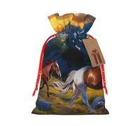 Sacs de Noël avec cordon de serrage imprimé cheval qui court choquant pour emballage cadeau de Noël, ruban de Noël rouge, M