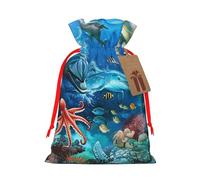 Sacs de Noël avec cordon de serrage imprimé dauphins, tortue de mer, récif de corail, pour emballage cadeau de Noël, ruban rouge, taille S