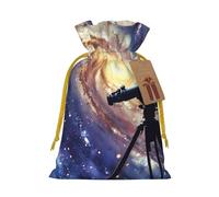 Sacs de Noël avec cordon de serrage imprimé galaxie spatiale avec télescope pour emballage cadeau de Noël, ruban de Noël jaune, taille M