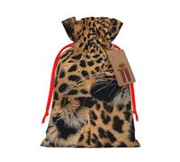 Sacs de Noël avec cordon de serrage imprimé léopard sauvage pour emballage cadeau de Noël, ruban rouge, taille M