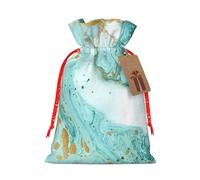Sacs de Noël avec cordon de serrage imprimé marbre bleu sarcelle et or avec ruban de Noël rouge - Pochettes cadeaux réutilisables en toile de jute avec cordon de serrage, M