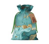 Sacs de Noël avec cordon de serrage imprimé marbre bleu sarcelle et or pour emballage cadeau de Noël, ruban de Noël vert, S