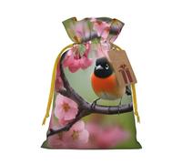 Sacs de Noël avec cordon de serrage imprimé oiseau dans un pêcher, S | Sacs de rangement réutilisables pour cadeaux de Noël, ruban de Noël jaune