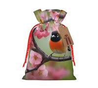 Sacs de Noël avec cordon de serrage imprimé oiseau dans un pêcher, S | Sacs de rangement réutilisables pour cadeaux de Noël avec ruban de Noël rouge