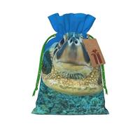 Sacs de Noël avec cordon de serrage imprimé tortues de mer avec ruban de Noël vert - Pochettes cadeaux réutilisables en toile de jute avec cordon de serrage, taille M