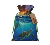 Sacs de Noël avec cordon de serrage imprimé tortues de mer avec ruban de Noël vert - Pochettes cadeaux réutilisables en toile de jute avec cordon de serrage, taille M