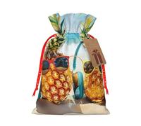 Sacs de Noël avec cordon de serrage imprimés de deux ananas pour emballage cadeau de Noël, ruban de Noël rouge, taille M