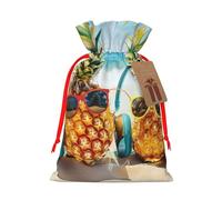 Sacs de Noël avec cordon de serrage imprimés de deux ananas pour emballage cadeau de Noël, ruban rouge, taille S