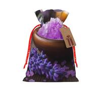 Sacs de Noël avec cordon de serrage imprimés fleurs de lavande et sel spa, taille S | Sacs de rangement réutilisables pour cadeaux de Noël, ruban de Noël rouge