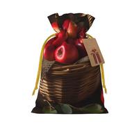 Sacs de Noël avec cordon de serrage imprimés fruits rouges dans un panier, taille M | Sacs de rangement réutilisables pour cadeaux de Noël avec ruban de Noël jaune