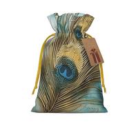 Sacs de Noël avec cordon de serrage imprimés plumes de paon pour emballage cadeau de Noël, ruban de Noël jaune, taille S